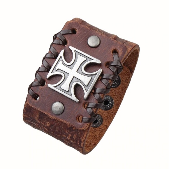 Retro Punk Leather Men Women Bracelet Cross Cuff - Picture 5 of 6